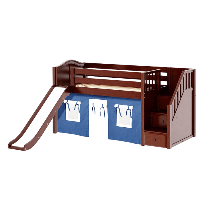 Maxtrix Twin Low Loft Bed with Stairs, Curtain + Slide