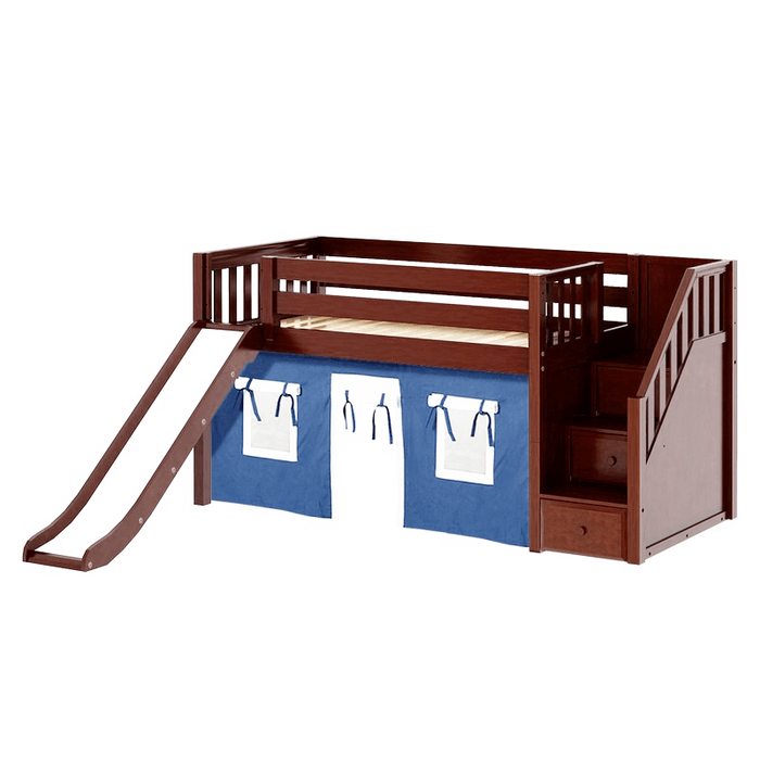 Maxtrix Twin Low Loft Bed with Stairs, Curtain + Slide