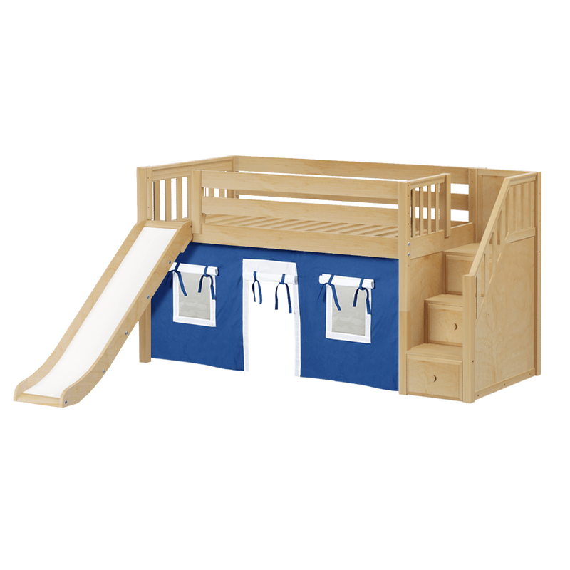 Maxtrix Twin Low Loft Bed with Stairs, Curtain + Slide