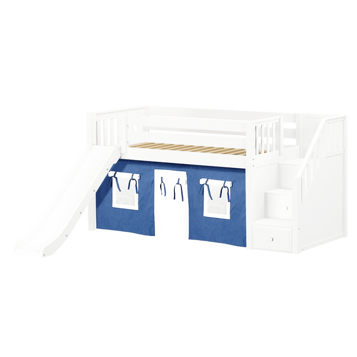 Maxtrix Twin Low Loft Bed with Stairs, Curtain + Slide