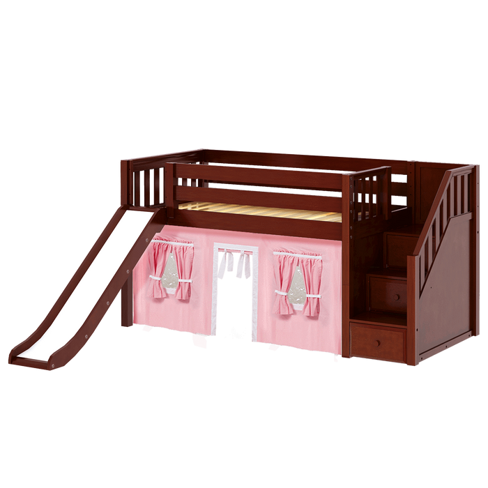 Maxtrix Twin Low Loft Bed with Stairs, Curtain + Slide