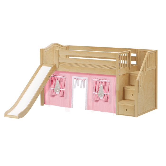 Maxtrix Twin Low Loft Bed with Stairs, Curtain + Slide