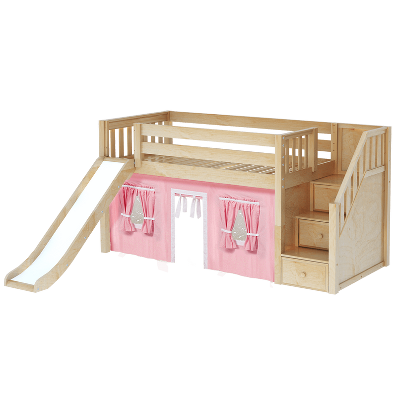 Maxtrix Twin Low Loft Bed with Stairs, Curtain + Slide
