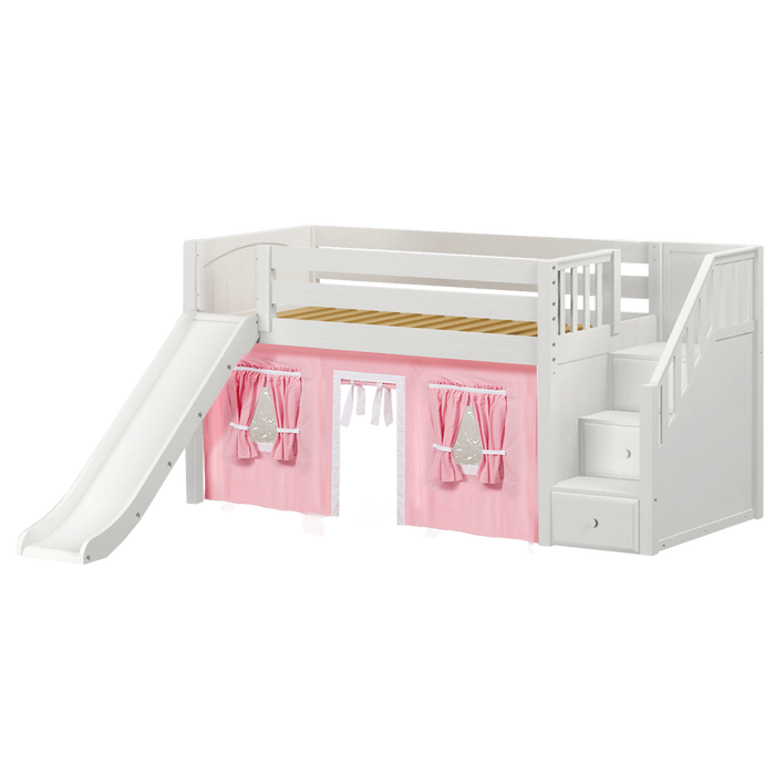 Maxtrix Twin Low Loft Bed with Stairs, Curtain + Slide