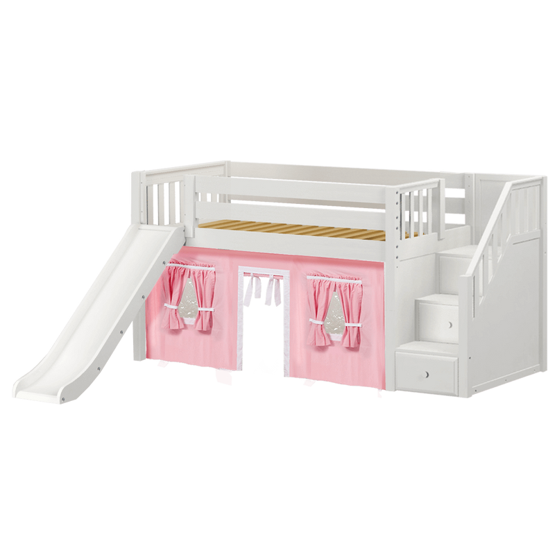 Maxtrix Twin Low Loft Bed with Stairs, Curtain + Slide