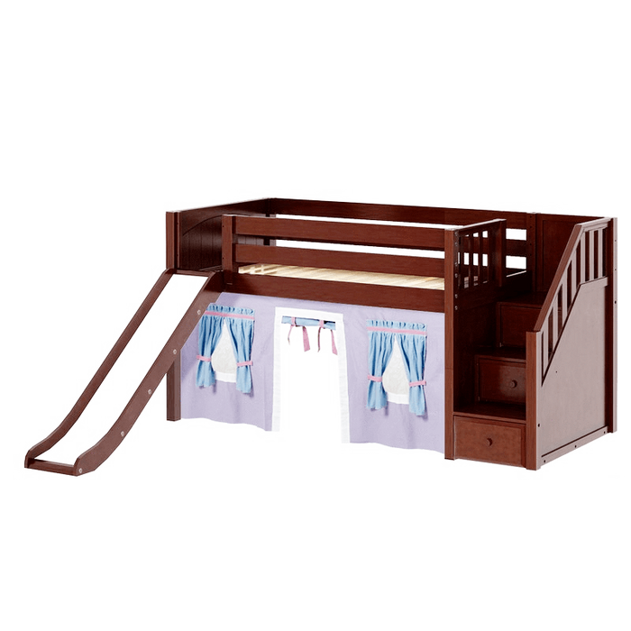 Maxtrix Twin Low Loft Bed with Stairs, Curtain + Slide