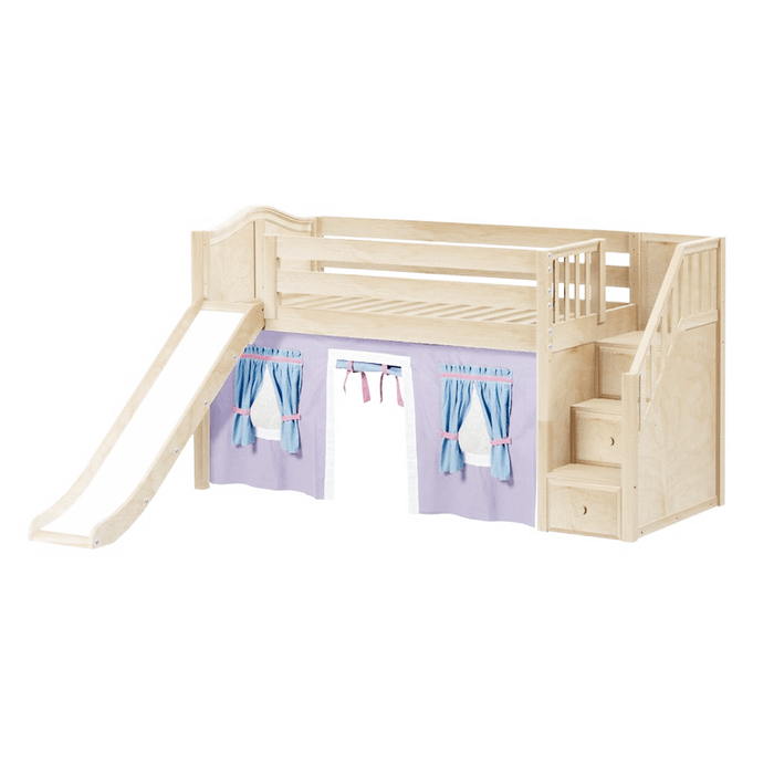 Maxtrix Twin Low Loft Bed with Stairs, Curtain + Slide
