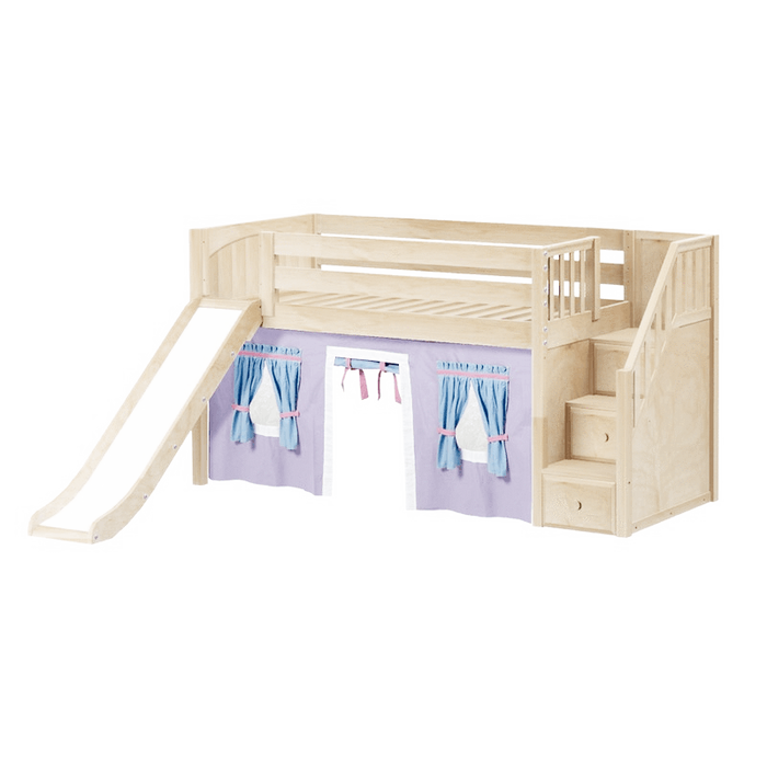 Maxtrix Twin Low Loft Bed with Stairs, Curtain + Slide