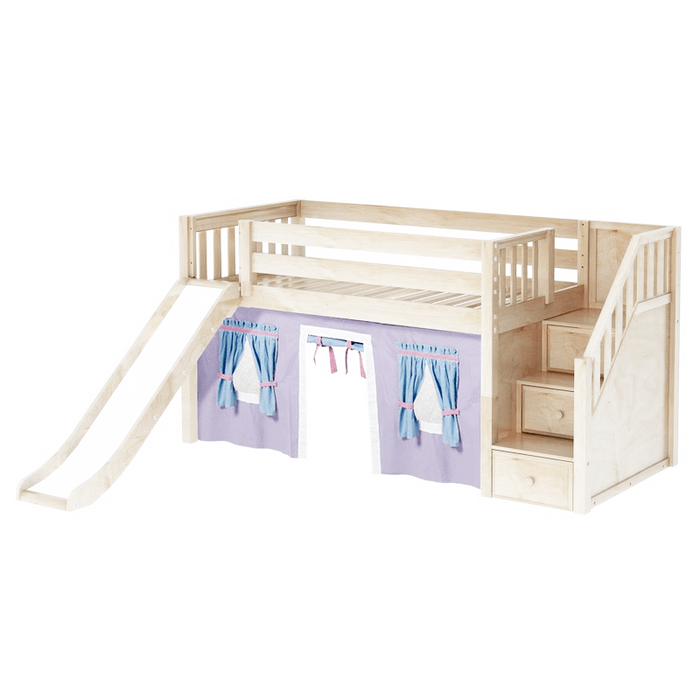 Maxtrix Twin Low Loft Bed with Stairs, Curtain + Slide