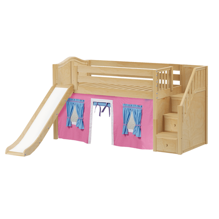 Maxtrix Twin Low Loft Bed with Stairs, Curtain + Slide