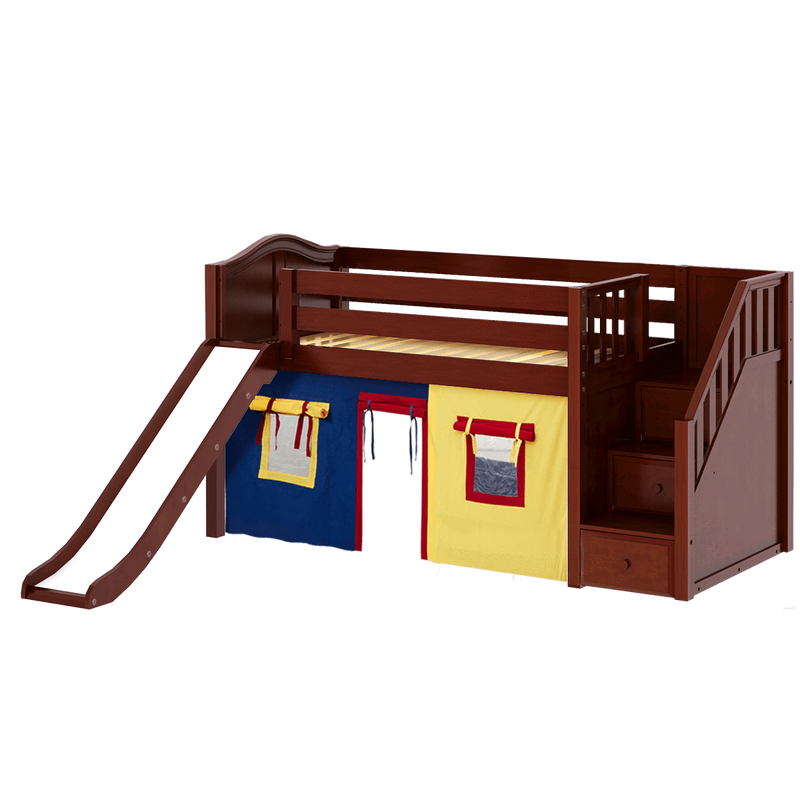 Maxtrix Twin Low Loft Bed with Stairs, Curtain + Slide