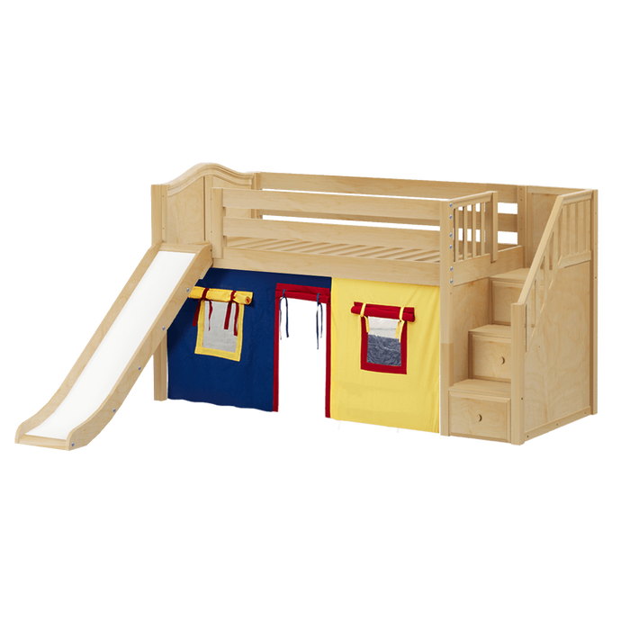Maxtrix Twin Low Loft Bed with Stairs, Curtain + Slide