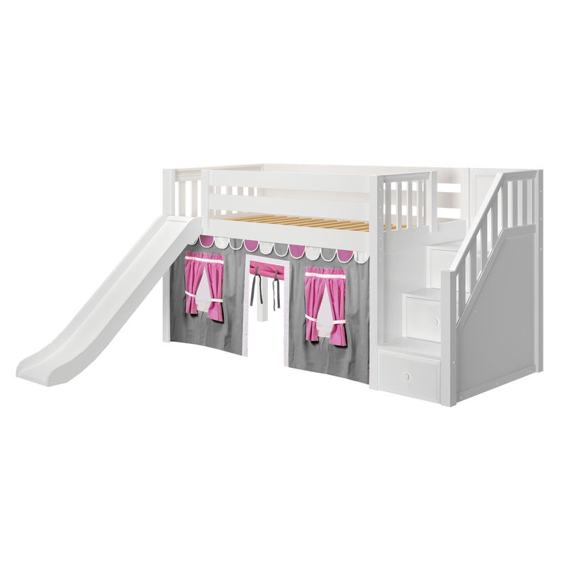 Maxtrix Twin Low Loft Bed with Stairs, Curtain + Slide