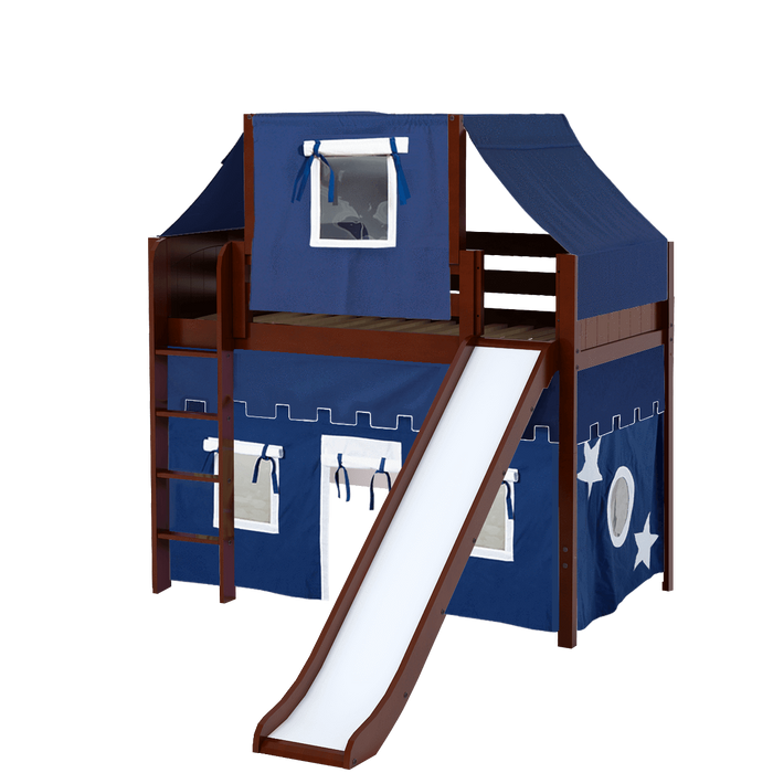 Maxtrix Twin Mid Loft Bed with Straight Ladder, Curtain, Top Tent + Slide
