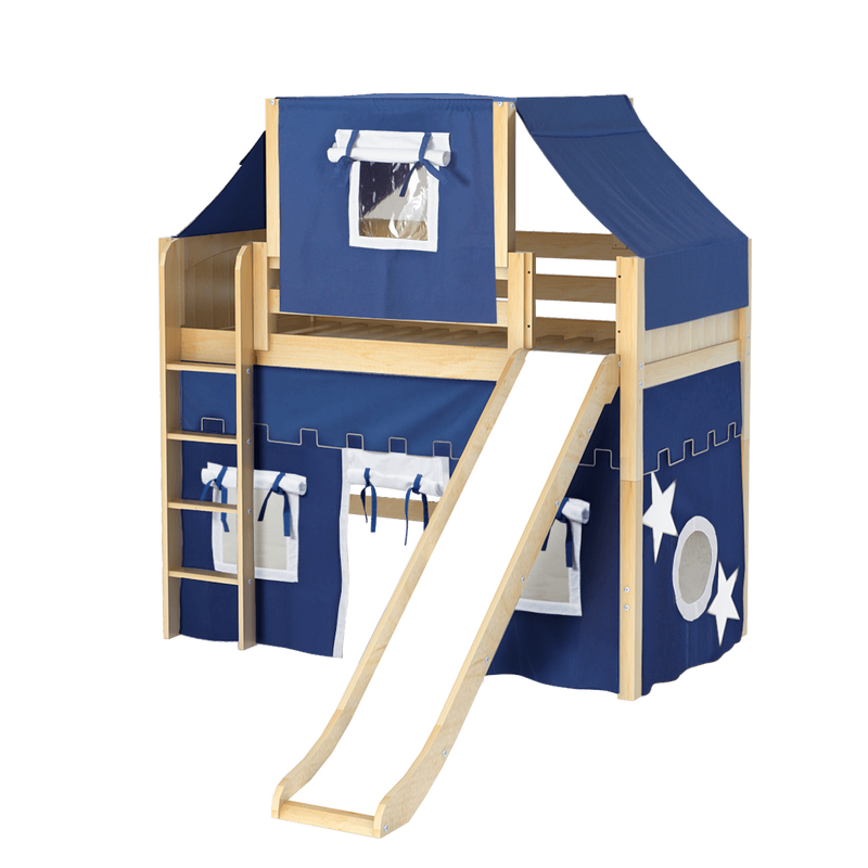 Maxtrix Twin Mid Loft Bed with Straight Ladder, Curtain, Top Tent + Slide