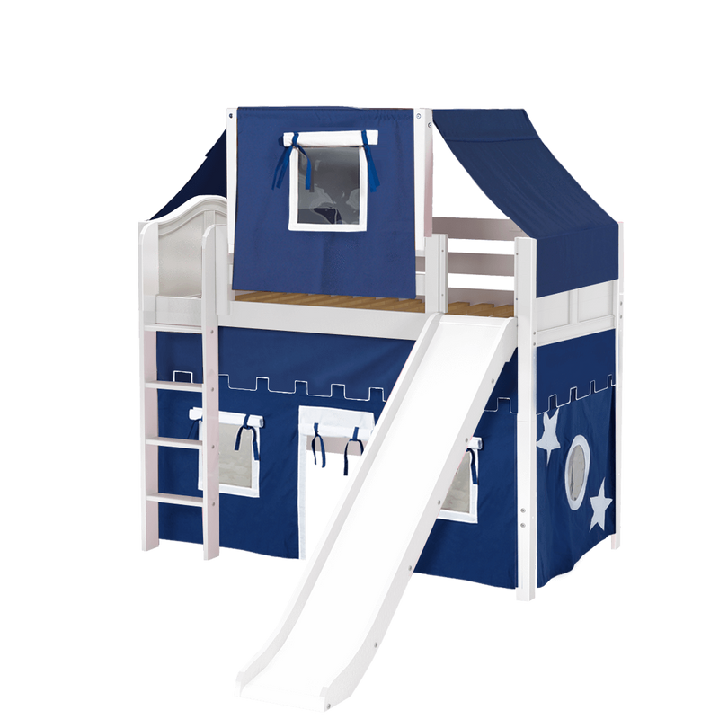 Maxtrix Twin Mid Loft Bed with Straight Ladder, Curtain, Top Tent + Slide