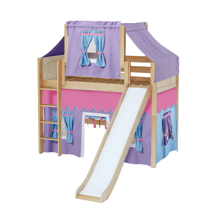 Maxtrix Twin Mid Loft Bed with Straight Ladder, Curtain, Top Tent + Slide