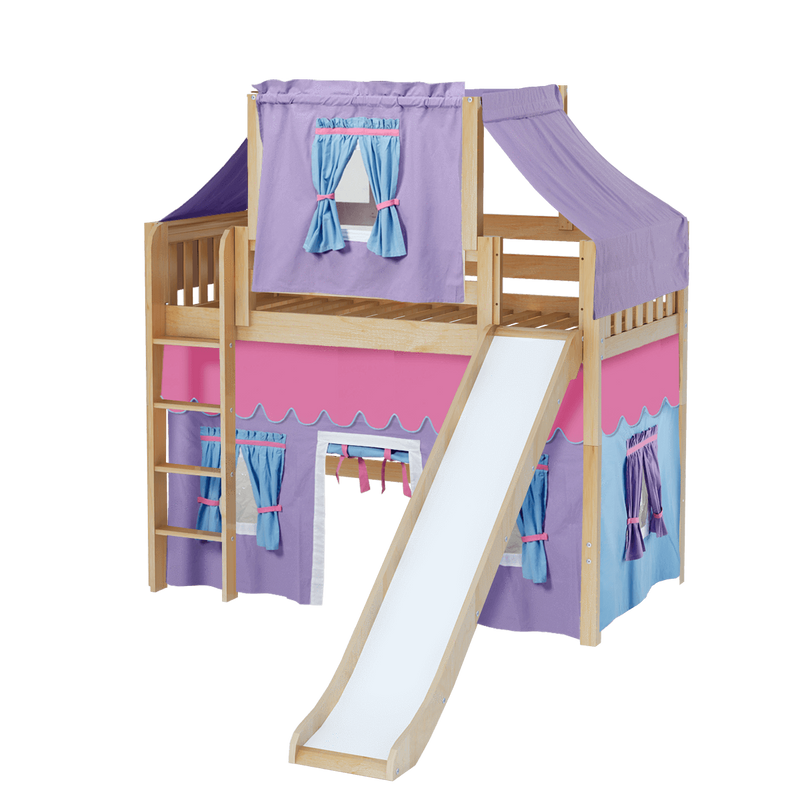 Maxtrix Twin Mid Loft Bed with Straight Ladder, Curtain, Top Tent + Slide