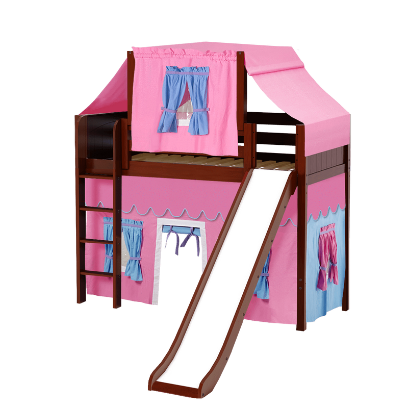Maxtrix Twin Mid Loft Bed with Straight Ladder, Curtain, Top Tent + Slide