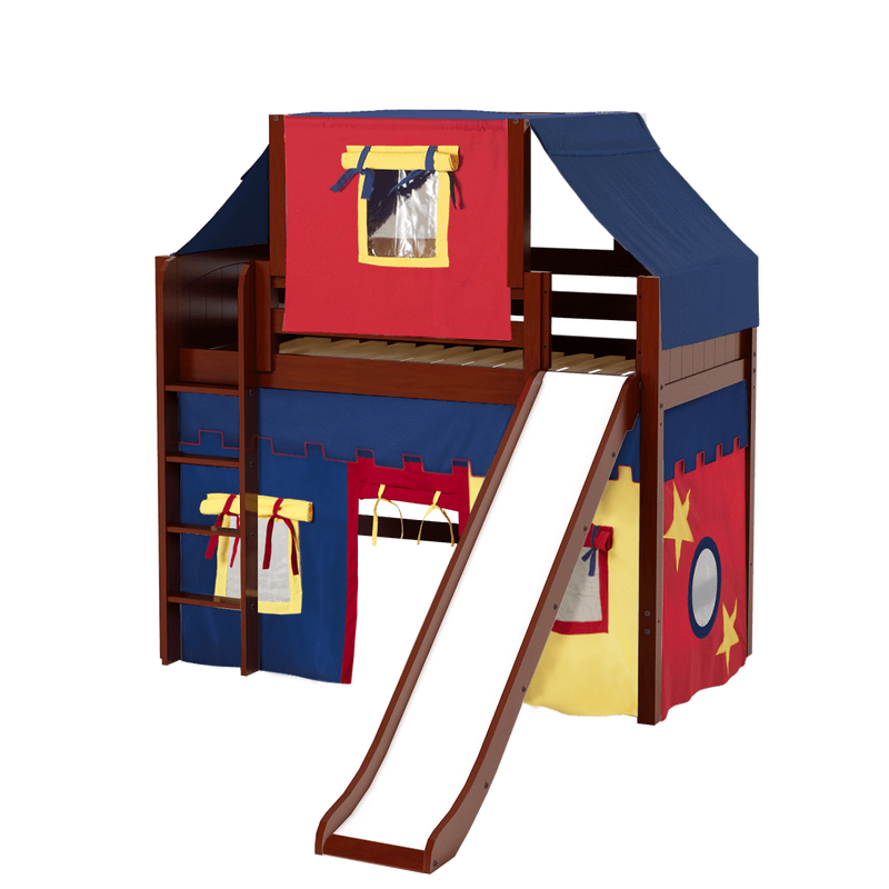 Maxtrix Twin Mid Loft Bed with Straight Ladder, Curtain, Top Tent + Slide