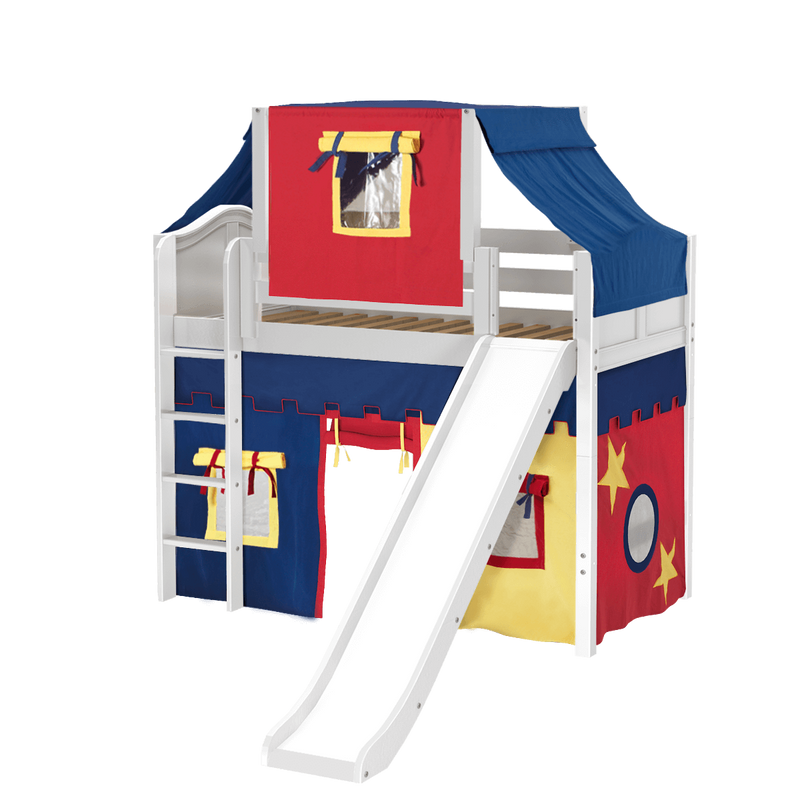 Maxtrix Twin Mid Loft Bed with Straight Ladder, Curtain, Top Tent + Slide