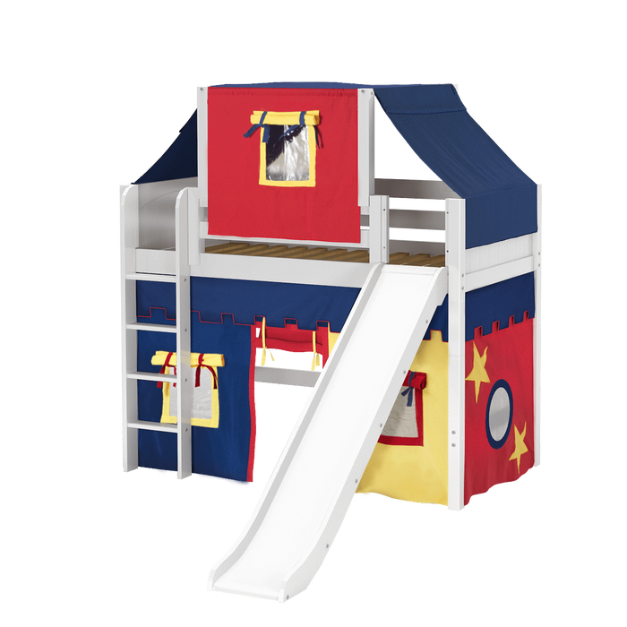 Maxtrix Twin Mid Loft Bed with Straight Ladder, Curtain, Top Tent + Slide