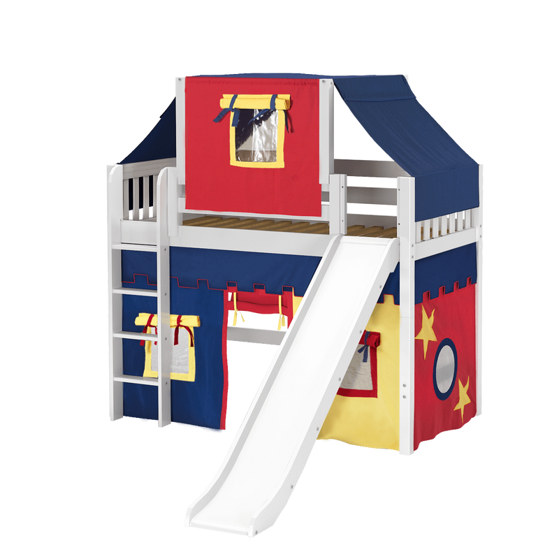Maxtrix Twin Mid Loft Bed with Straight Ladder, Curtain, Top Tent + Slide
