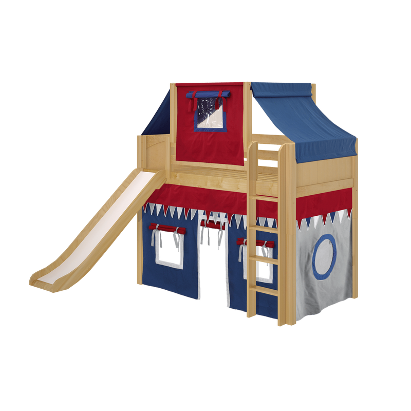 Maxtrix Twin Mid Loft Bed with Straight Ladder, Curtain, Top Tent + Slide
