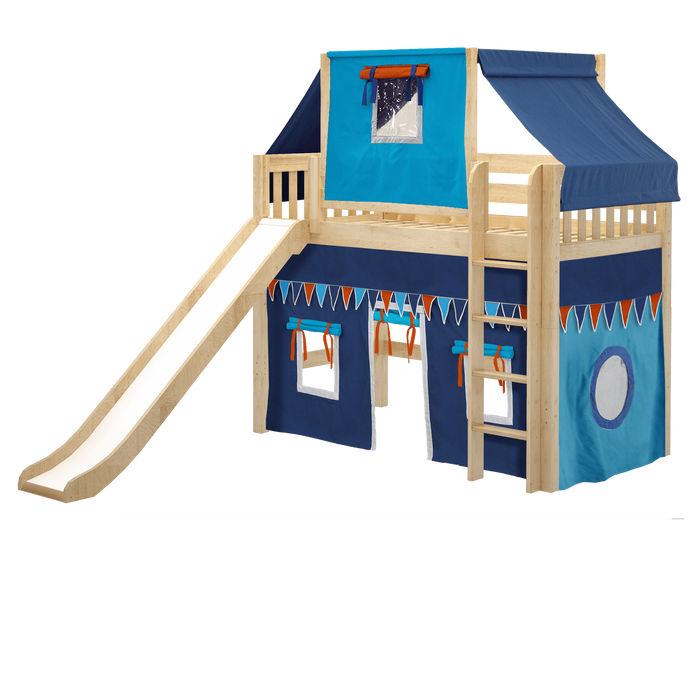 Maxtrix Twin Mid Loft Bed with Straight Ladder, Curtain, Top Tent + Slide