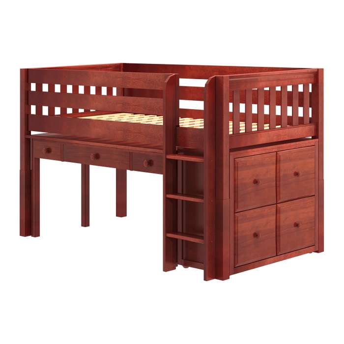 Maxtrix Twin Low Loft Bed with Straight Ladder, Storage + Long Desk