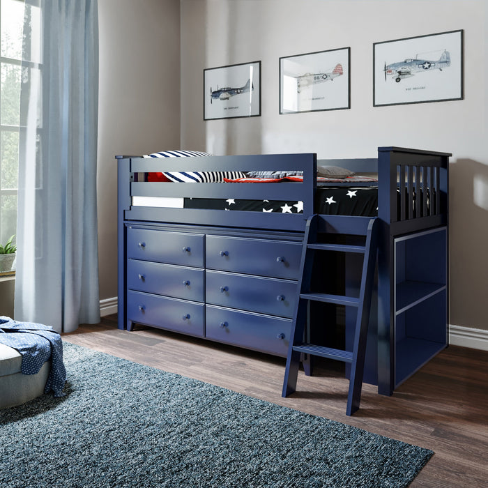Jackpot Deluxe Windsor Twin Storage Loft Bed with Dresser + Bookcase