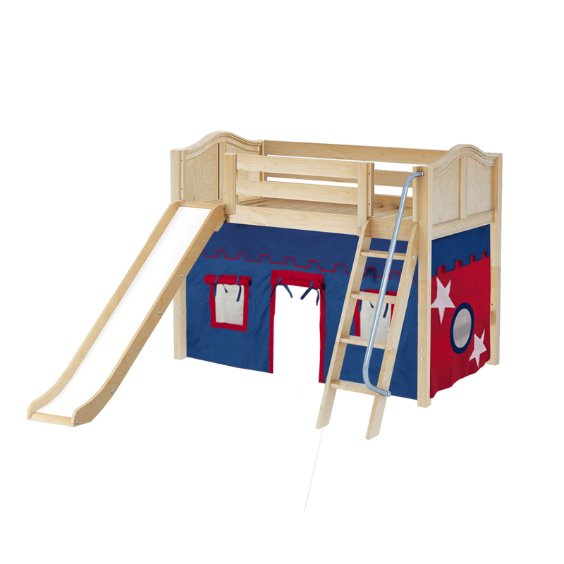 Maxtrix Twin Mid Loft Bed with Angled Ladder, Curtain + Slide