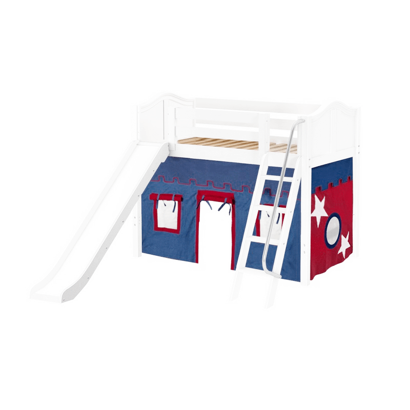 Maxtrix Twin Mid Loft Bed with Angled Ladder, Curtain + Slide