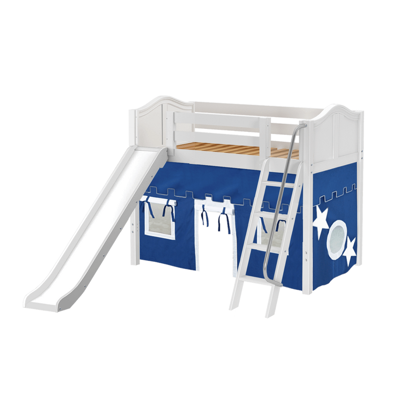 Maxtrix Twin Mid Loft Bed with Angled Ladder, Curtain + Slide