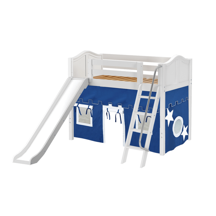 Maxtrix Twin Mid Loft Bed with Angled Ladder, Curtain + Slide