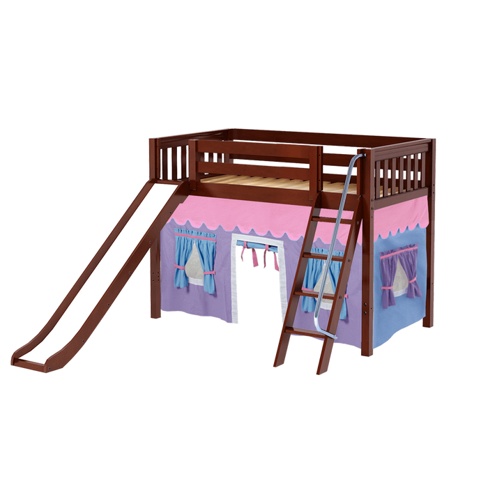 Maxtrix Twin Mid Loft Bed with Angled Ladder, Curtain + Slide