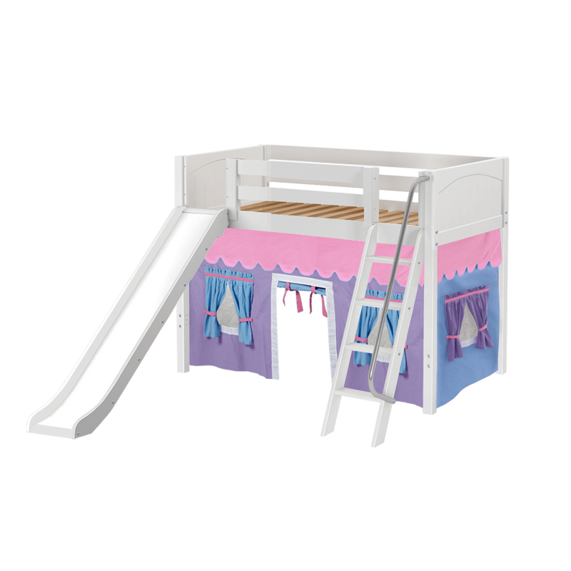 Maxtrix Twin Mid Loft Bed with Angled Ladder, Curtain + Slide