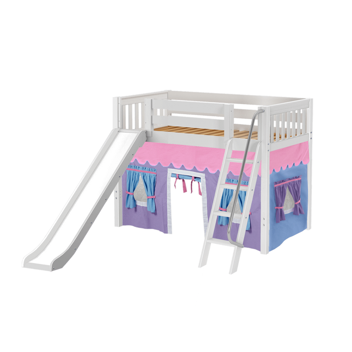 Maxtrix Twin Mid Loft Bed with Angled Ladder, Curtain + Slide