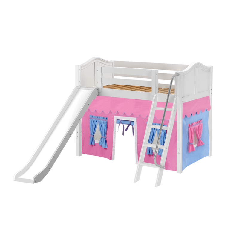Maxtrix Twin Mid Loft Bed with Angled Ladder, Curtain + Slide