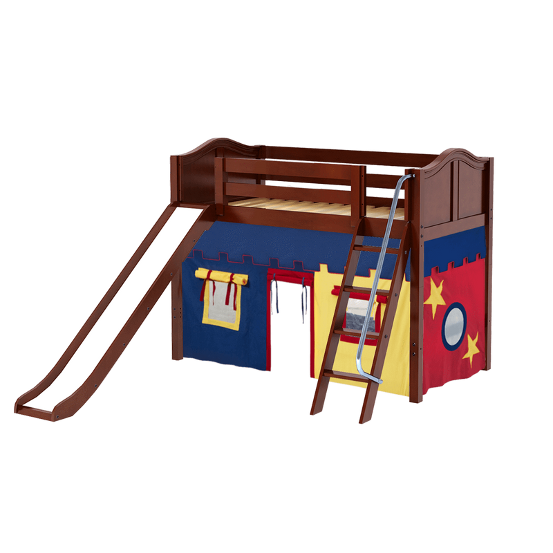 Maxtrix Twin Mid Loft Bed with Angled Ladder, Curtain + Slide