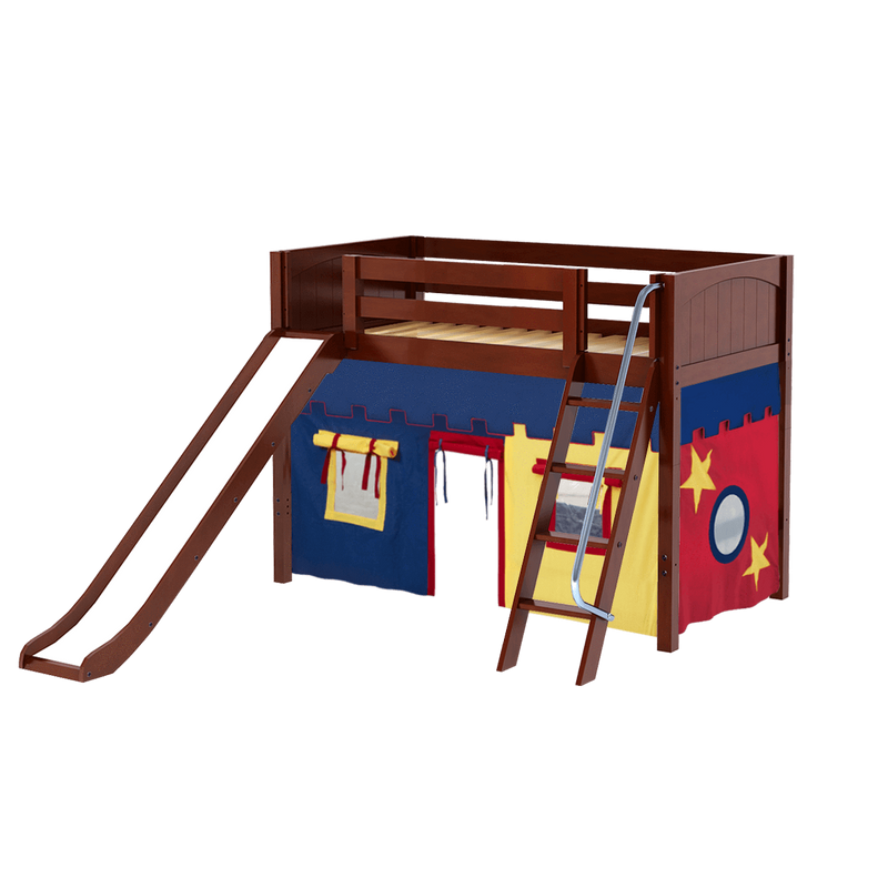 Maxtrix Twin Mid Loft Bed with Angled Ladder, Curtain + Slide