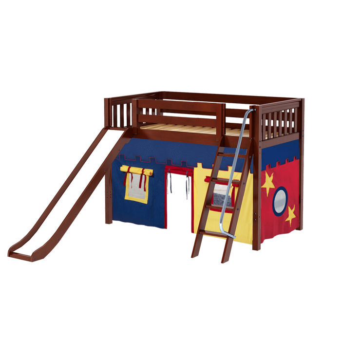 Maxtrix Twin Mid Loft Bed with Angled Ladder, Curtain + Slide