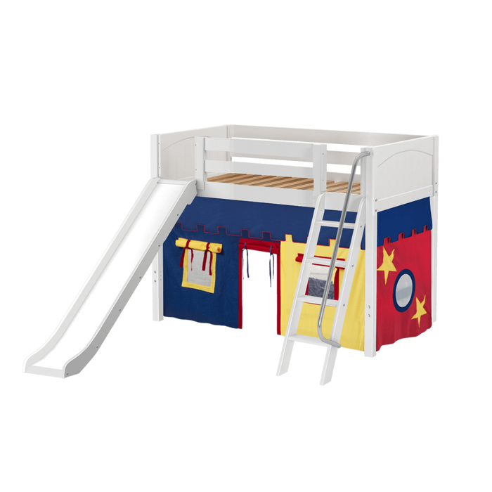 Maxtrix Twin Mid Loft Bed with Angled Ladder, Curtain + Slide