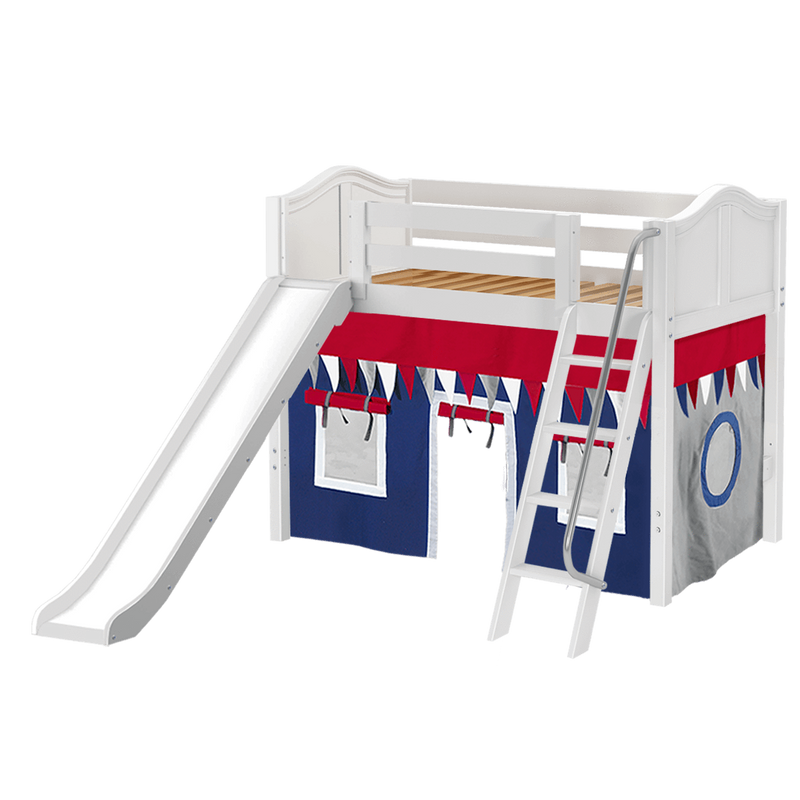 Maxtrix Twin Mid Loft Bed with Angled Ladder, Curtain + Slide
