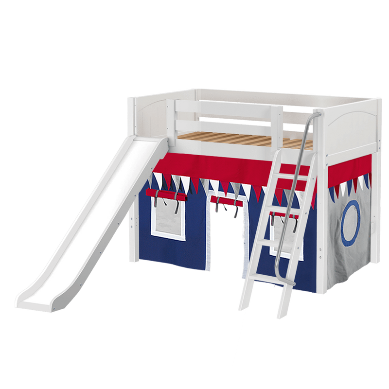Maxtrix Twin Mid Loft Bed with Angled Ladder, Curtain + Slide
