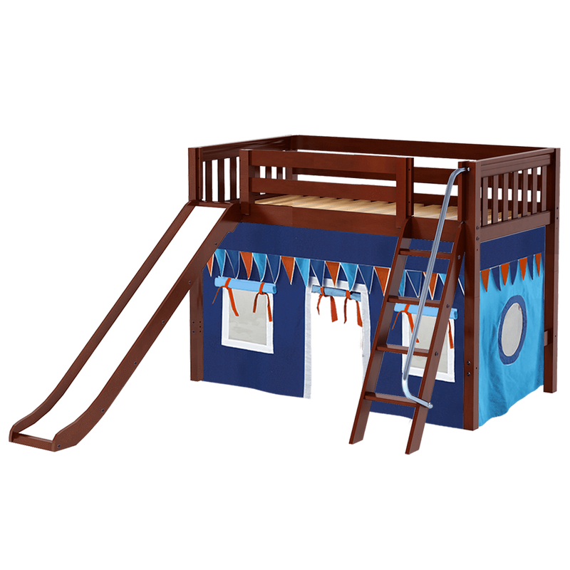 Maxtrix Twin Mid Loft Bed with Angled Ladder, Curtain + Slide