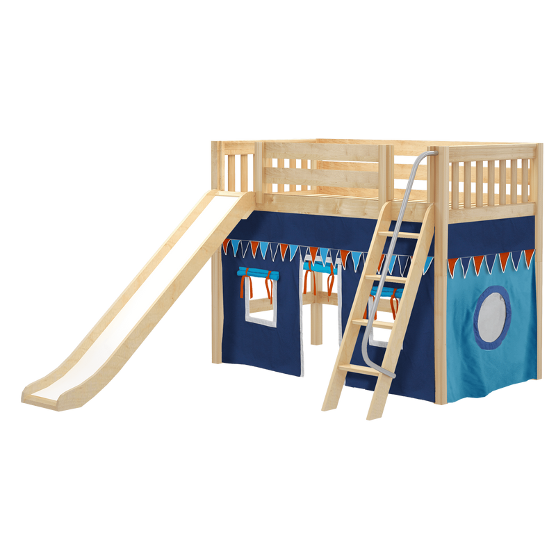 Maxtrix Twin Mid Loft Bed with Angled Ladder, Curtain + Slide