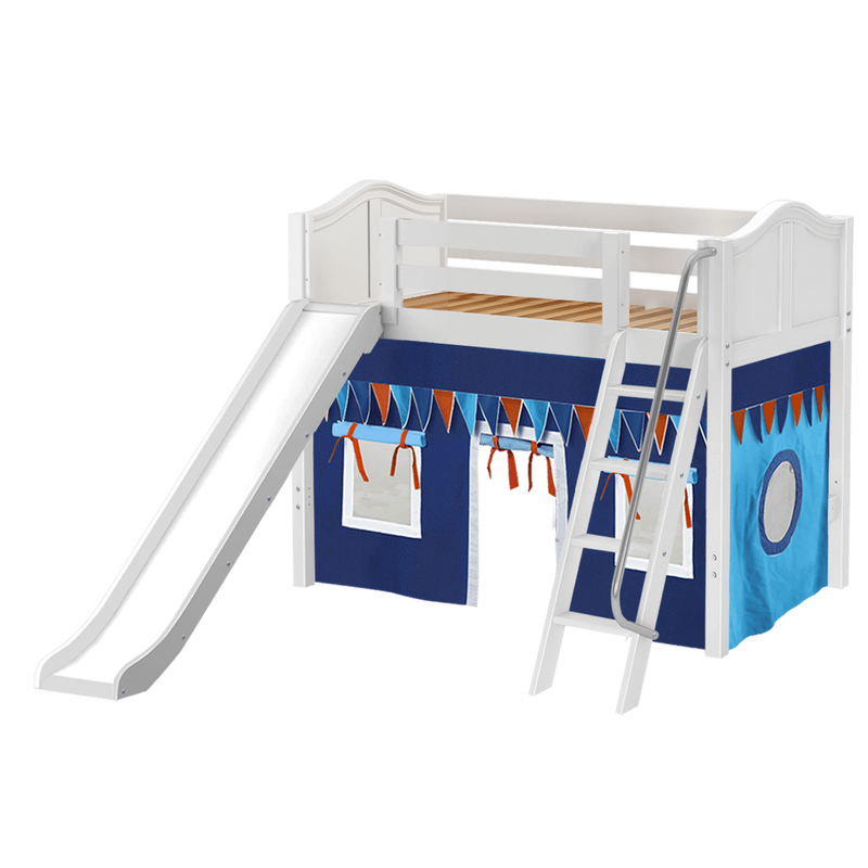 Maxtrix Twin Mid Loft Bed with Angled Ladder, Curtain + Slide