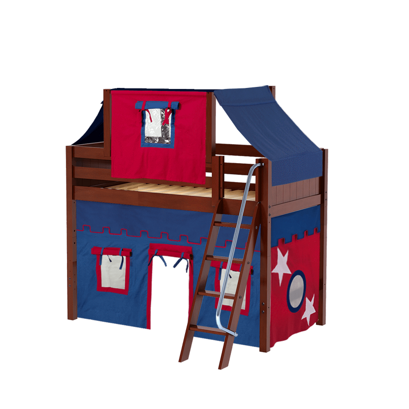 Maxtrix Twin Mid Loft Bed with Angled Ladder, Curtain + Top Tent