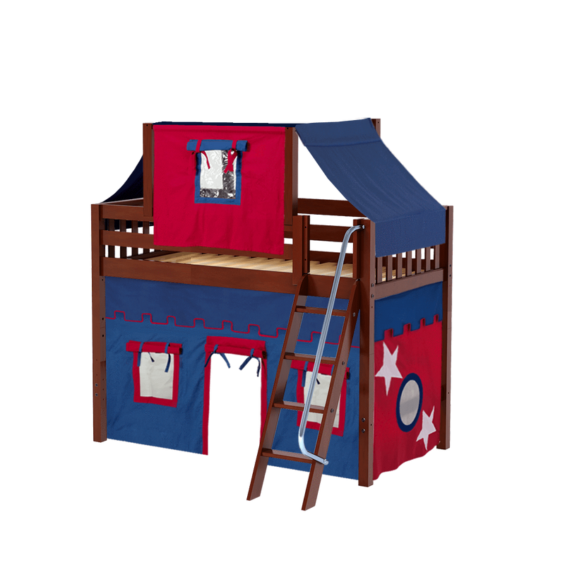 Maxtrix Twin Mid Loft Bed with Angled Ladder, Curtain + Top Tent